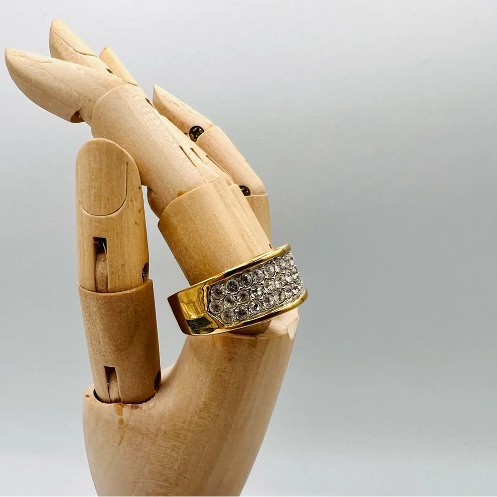 18KT gold overlay cocktail ring size 7 paved rhinestones